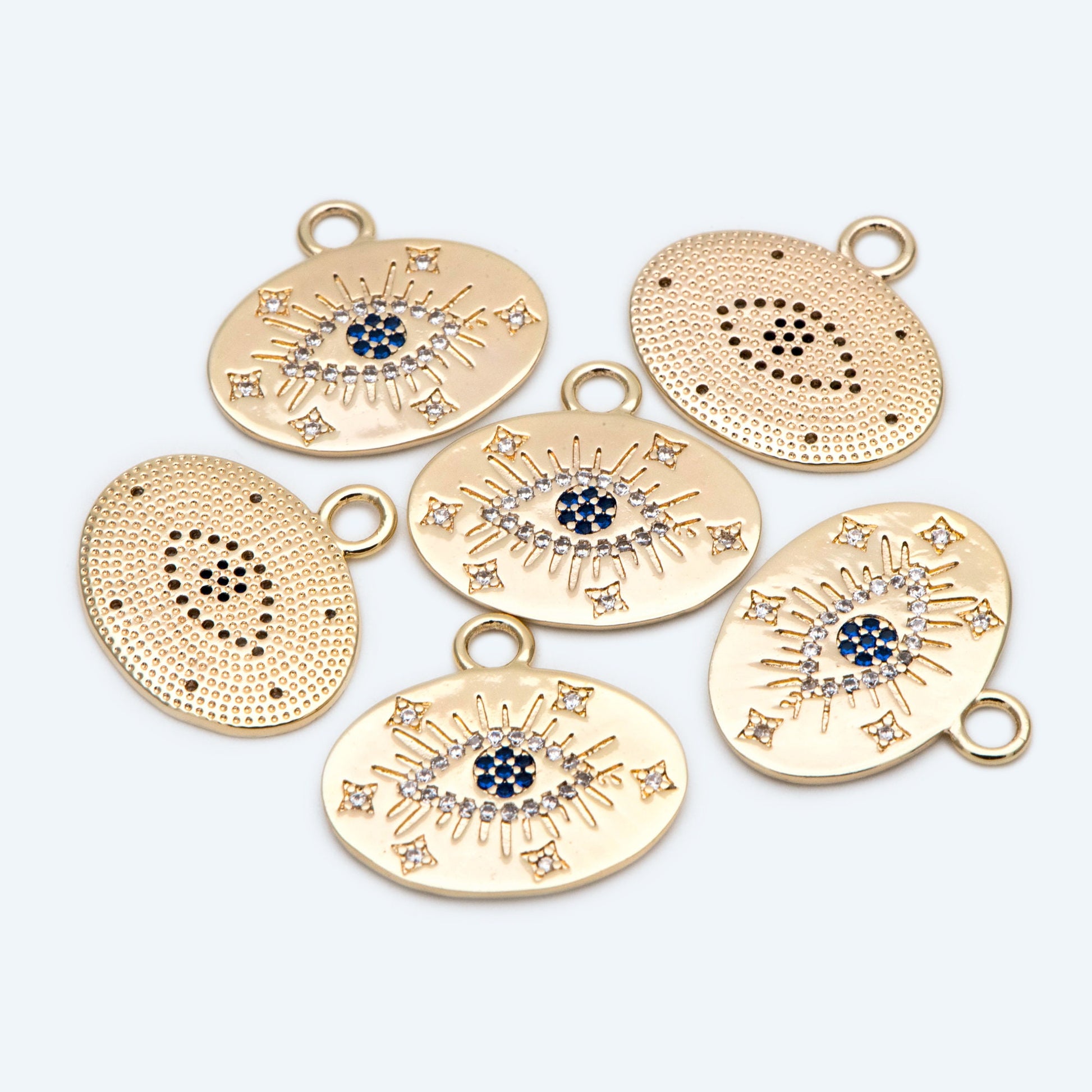 4pcs Gold Evil Eye Charm 22mm, Cubic Zirconia CZ Pave, 18K Gold plated brass, Evil Eye Oval Pendants (GB-1527-P)