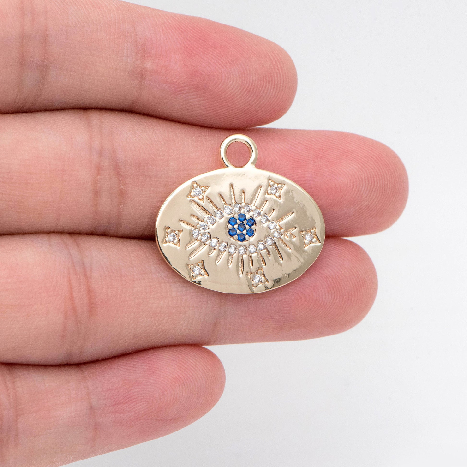 4pcs Gold Evil Eye Charm 22mm, Cubic Zirconia CZ Pave, 18K Gold plated brass, Evil Eye Oval Pendants (GB-1527-P)