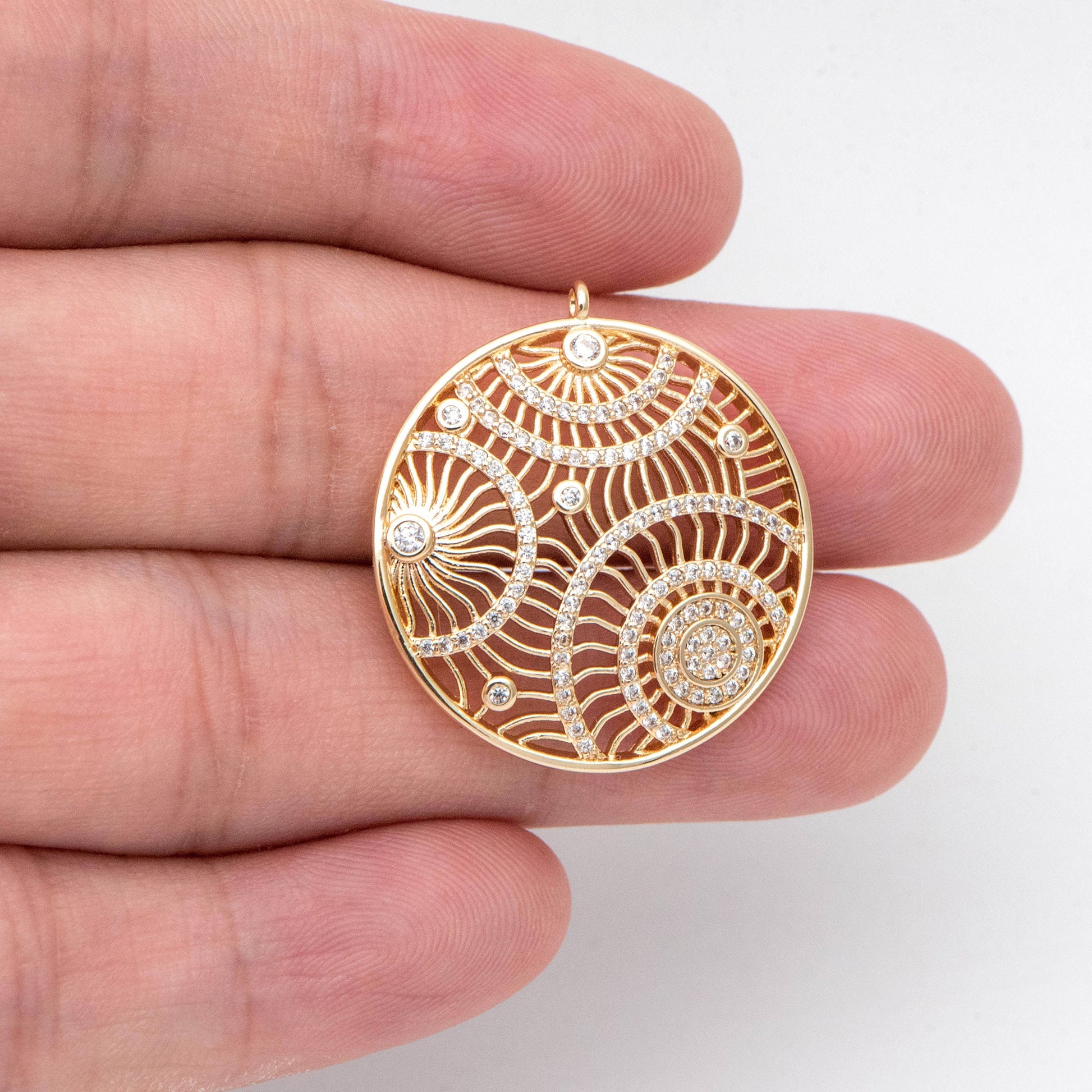 4pcs CZ pave Hollow Round Charm, 18K Gold plated Brass, Filigree Round Pendants (GB-2356)