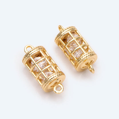 4pcs Gold Birdcage Charms with CZ Diamond Inside, 18K Gold plated Brass, 3D Cage Pendants 16x7mm (GB-2380)
