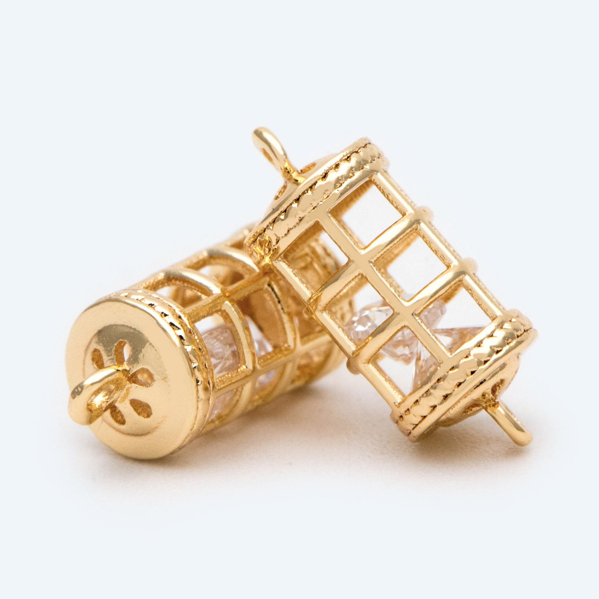 4pcs Gold Birdcage Charms with CZ Diamond Inside, 18K Gold plated Brass, 3D Cage Pendants 16x7mm (GB-2380)