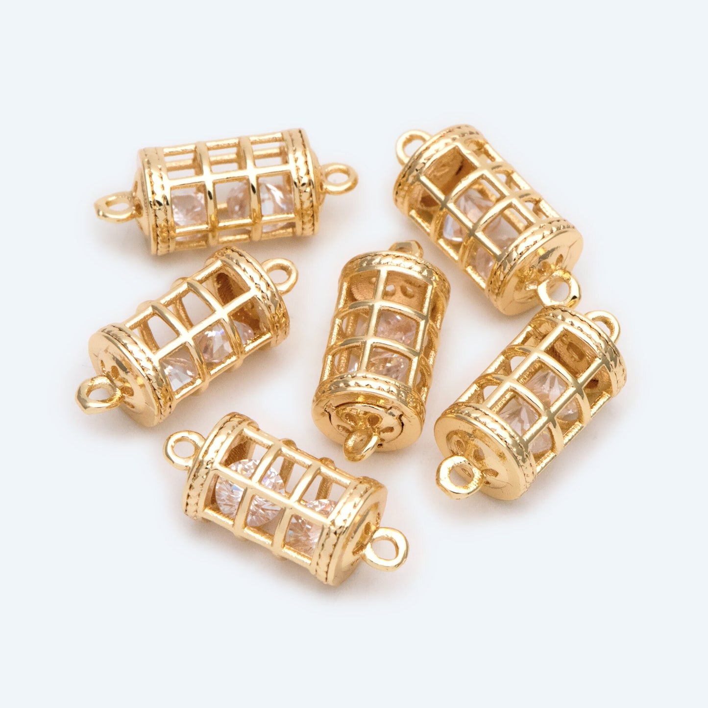 4pcs Gold Birdcage Charms with CZ Diamond Inside, 18K Gold plated Brass, 3D Cage Pendants 16x7mm (GB-2380)