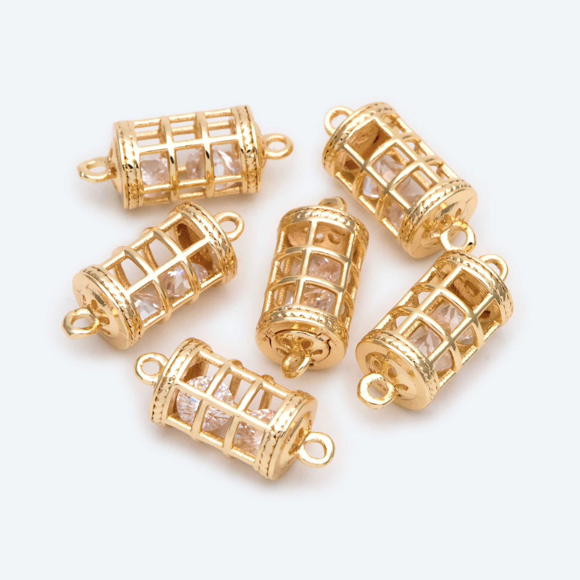 4pcs Gold Birdcage Charms with CZ Diamond Inside, 18K Gold plated Brass, 3D Cage Pendants 16x7mm (GB-2380)