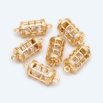 4pcs Gold Birdcage Charms with CZ Diamond Inside, 18K Gold plated Brass, 3D Cage Pendants 16x7mm (GB-2380)
