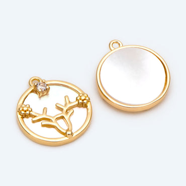 4pcs Gold Deer Charms, Mother of Pearl Shell Disc, Gold Stag Pendants (GB-2517-E)