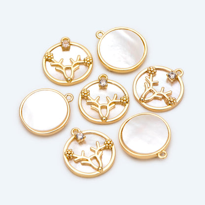 4pcs Gold Deer Charms, Mother of Pearl Shell Disc, Gold Stag Pendants (GB-2517-E)