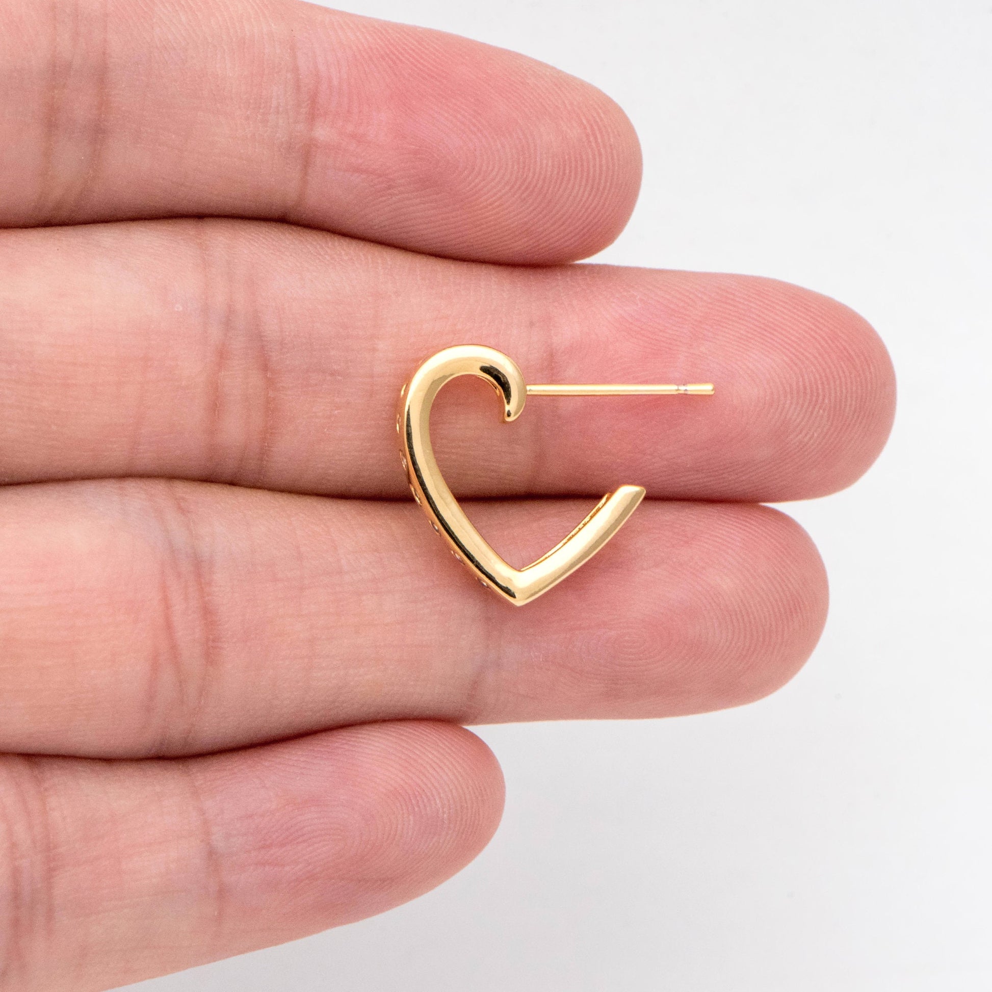 4pcs CZ Pave Heart Earrings: 18K Gold Plated Brass Huggies, 16mm (GB-2350)