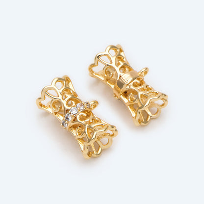 4pcs CZ Pave Gold Filigree Tube Spacer Beads with Loop, Bracelet Bails, Tube Pendant, Filigree Charm, Gold Plated Findinigs (GB-2504)