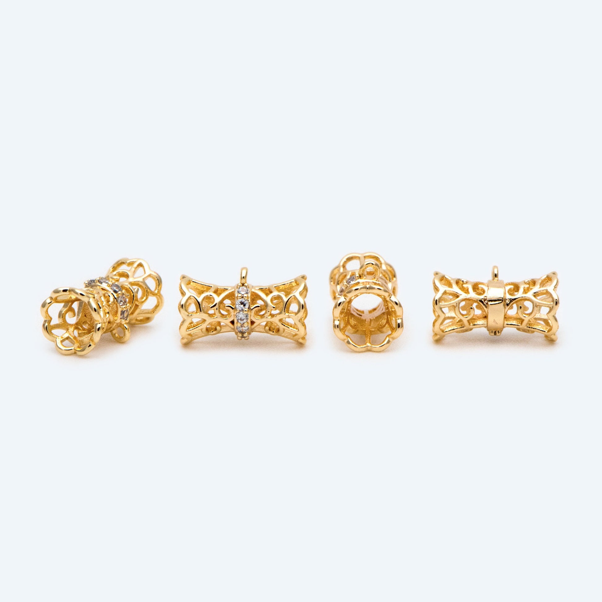 4pcs CZ Pave Gold Filigree Tube Spacer Beads with Loop, Bracelet Bails, Tube Pendant, Filigree Charm, Gold Plated Findinigs (GB-2504)