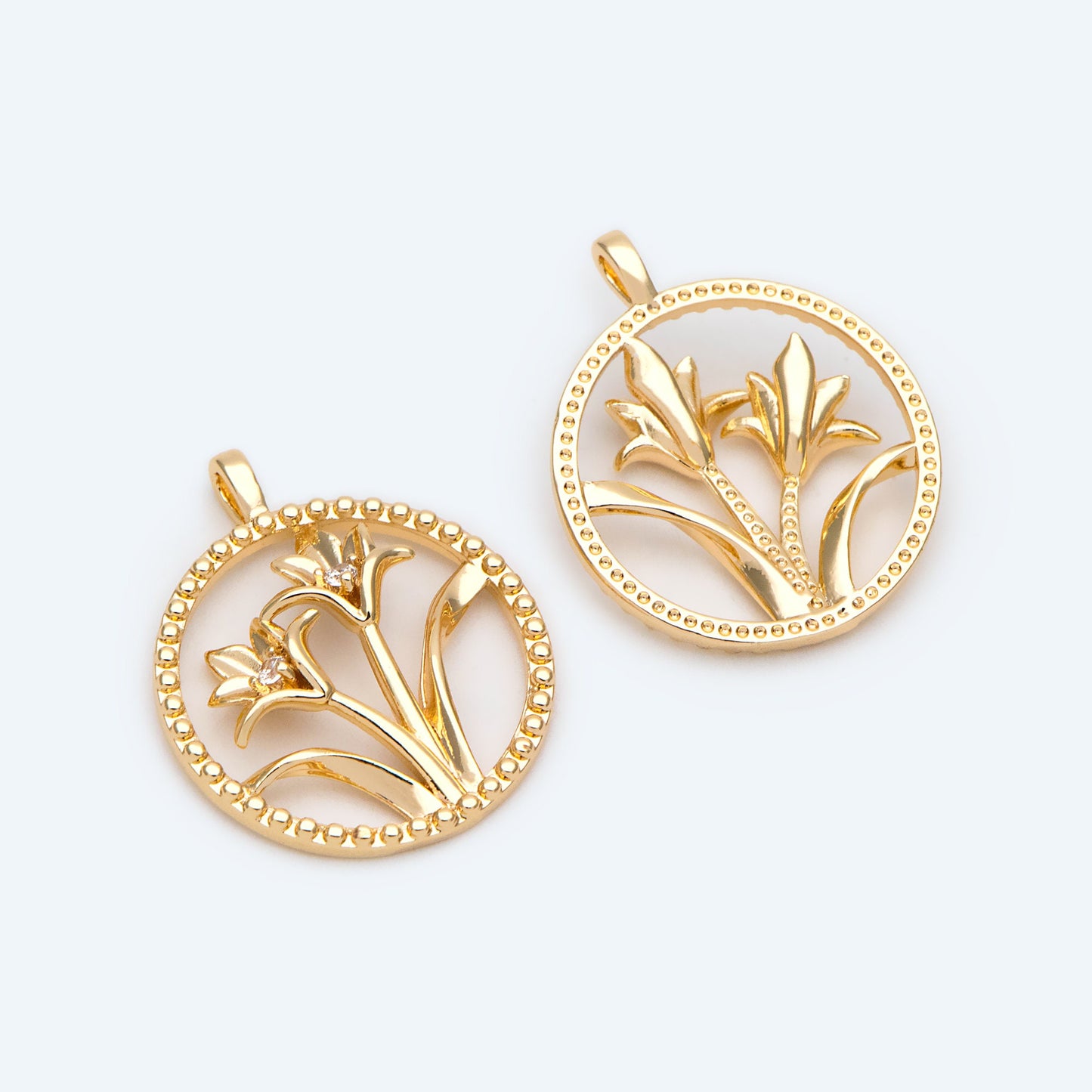 4pcs CZ Pave Gold Round Flower Charms, 18K Gold plated Brass, Disk Pendants (GB-3118-F)