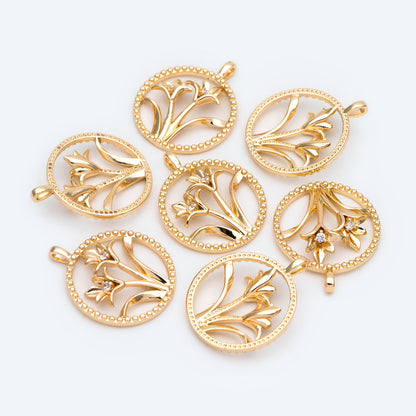 4pcs CZ Pave Gold Round Flower Charms, 18K Gold plated Brass, Disk Pendants (GB-3118-F)