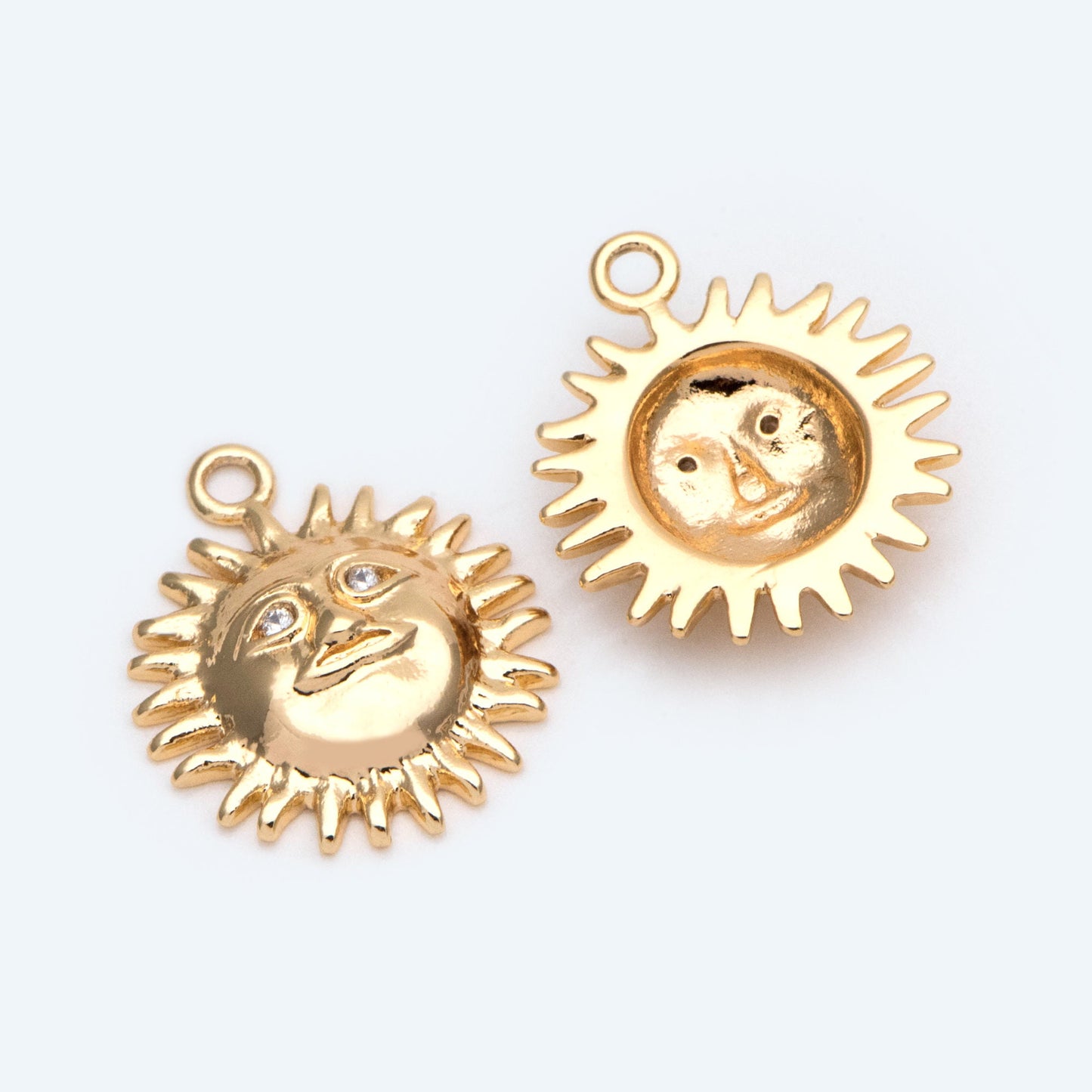 4pcs CZ Pave Gold Sun Face Charms 18x15mm, 18K Gold plated Brass, Sun Pendants (GB-1311-C)