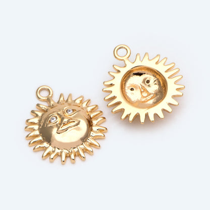 4pcs CZ Pave Gold Sun Face Charms 18x15mm, 18K Gold plated Brass, Sun Pendants (GB-1311-C)