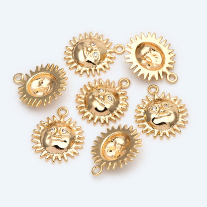 4pcs CZ Pave Gold Sun Face Charms 18x15mm, 18K Gold plated Brass, Sun Pendants (GB-1311-C)