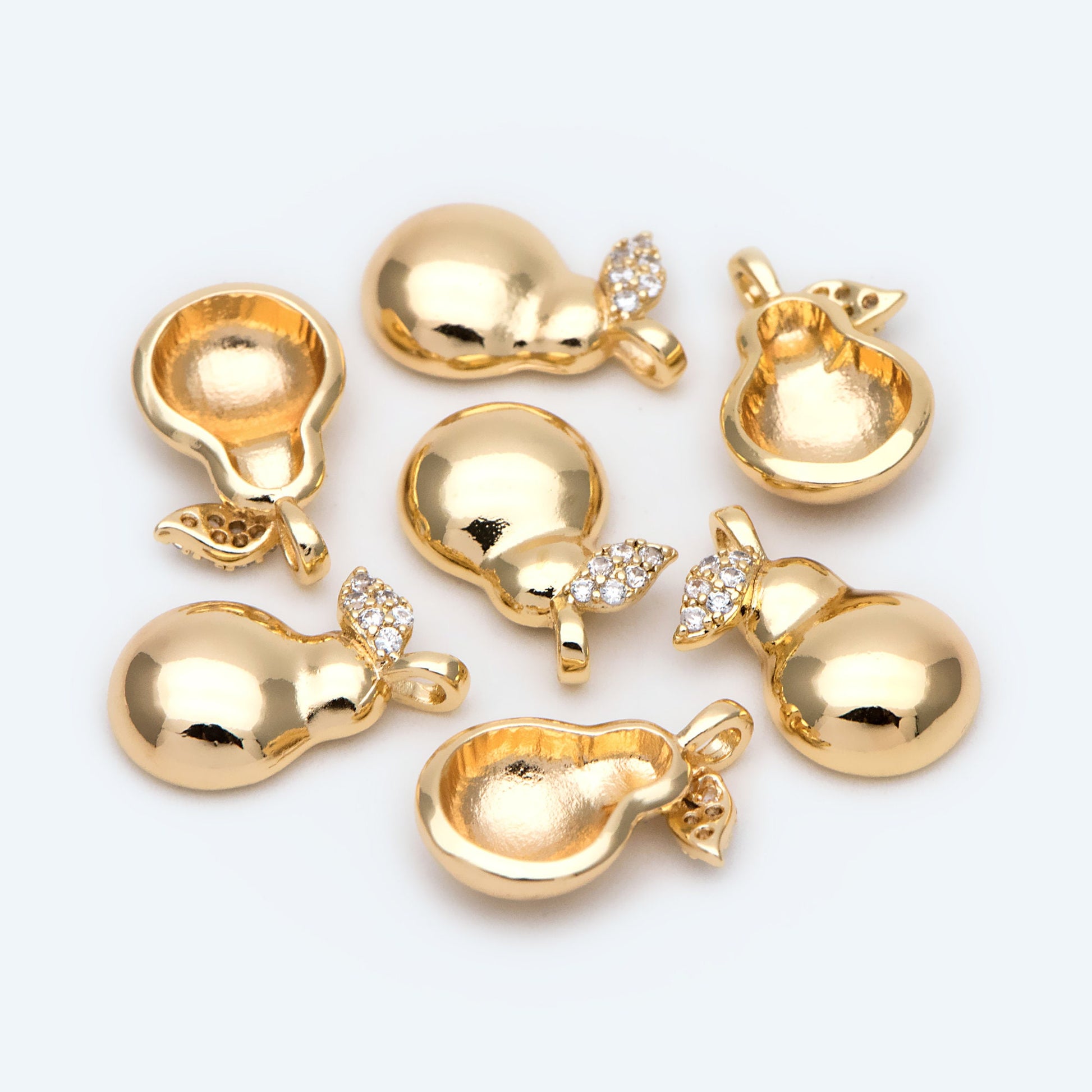 4pcs Gold CZ Pave Gourd Charms, Real Gold plated Brass, Gourd Pendants (GB-2400)