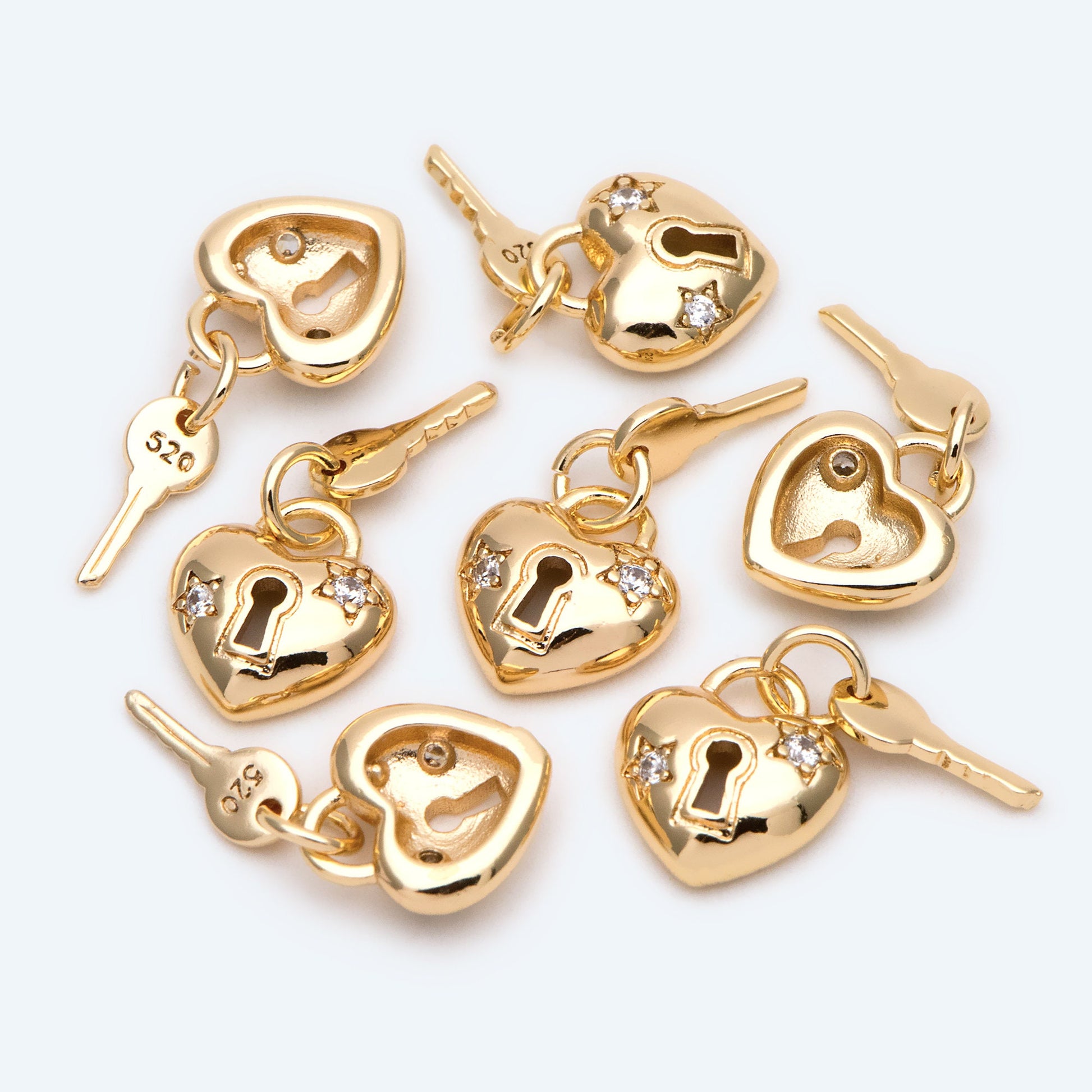 4pcs CZ Pave Gold Lock and Key Charm, Real Gold plated Brass (GB-2425)