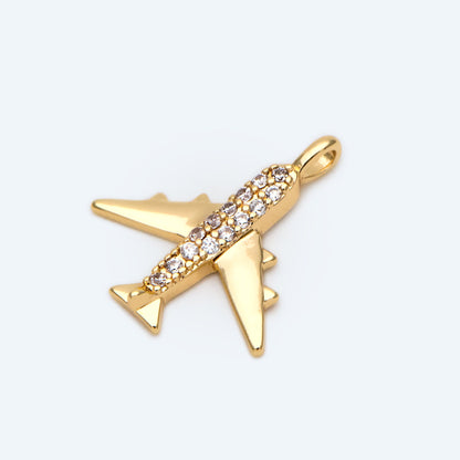 4pcs CZ Pave Airplane Charms 14mm, 18K Gold plated Brass, Mini Plane Pendants (GB-2471)