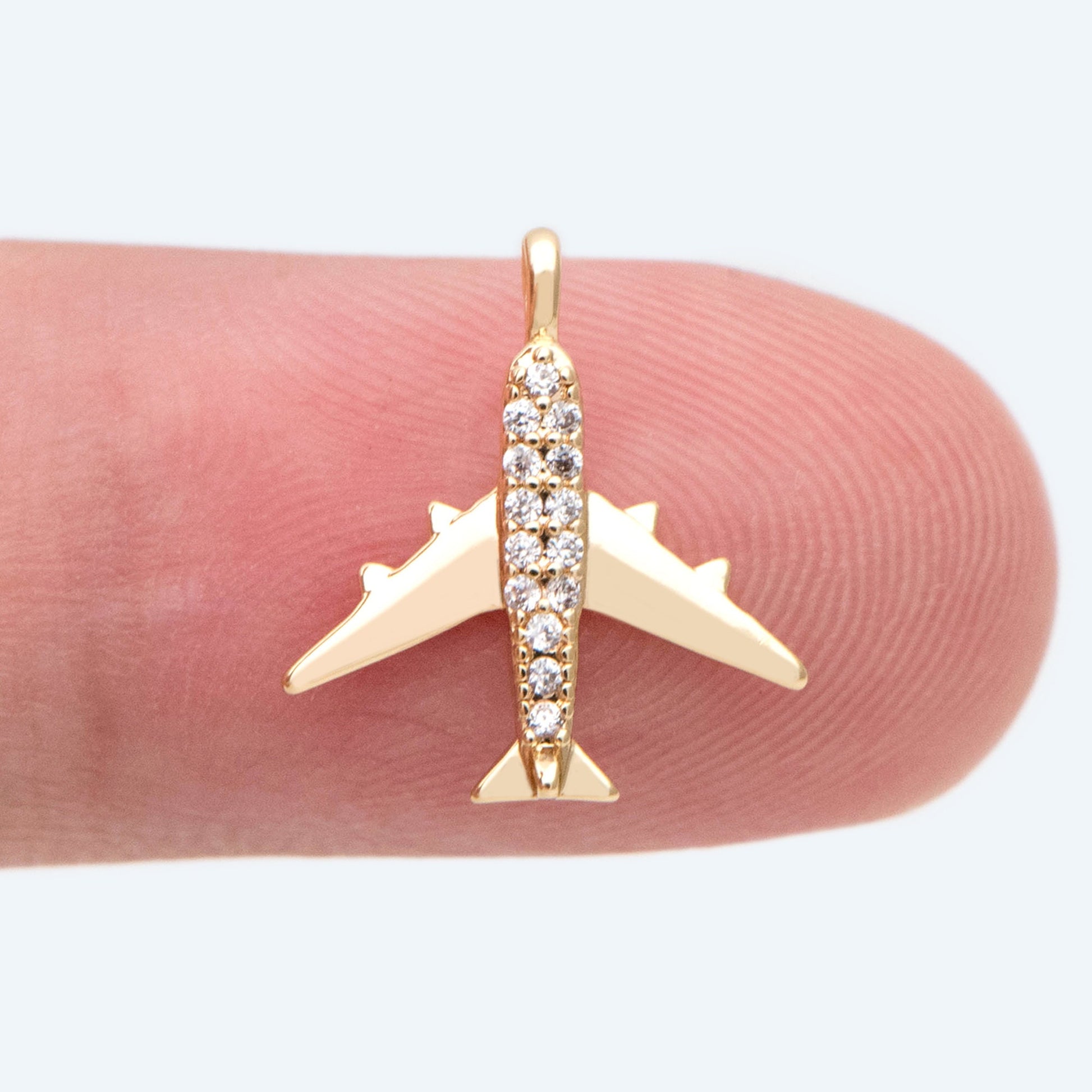 4pcs CZ Pave Airplane Charms 14mm, 18K Gold plated Brass, Mini Plane Pendants (GB-2471)