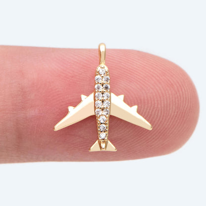 4pcs CZ Pave Airplane Charms 14mm, 18K Gold plated Brass, Mini Plane Pendants (GB-2471)
