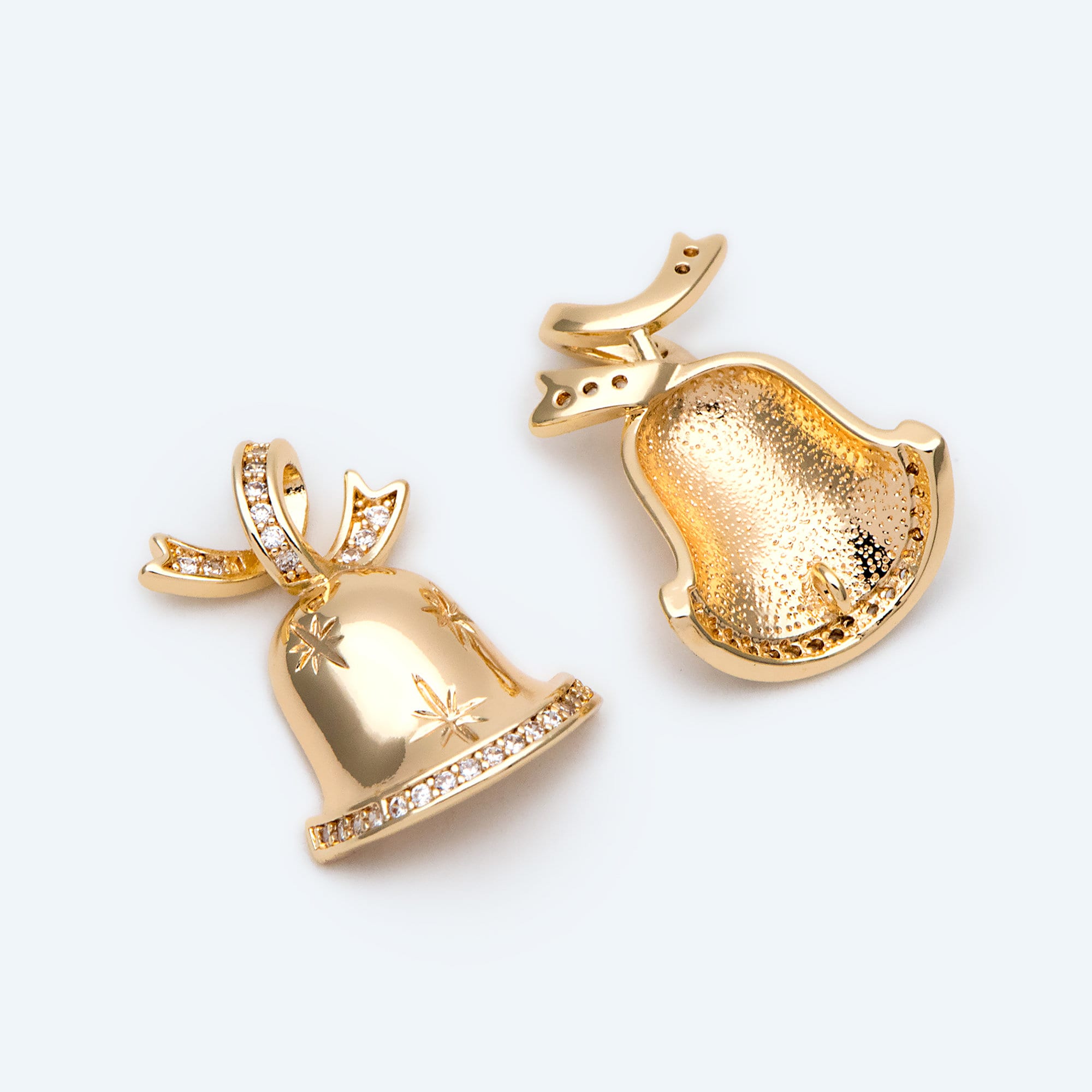 4pcs Gold Plated CZ Christmas Bell Charms: Tiny Jingle Pendants 21x14mm, (GB-713-N)