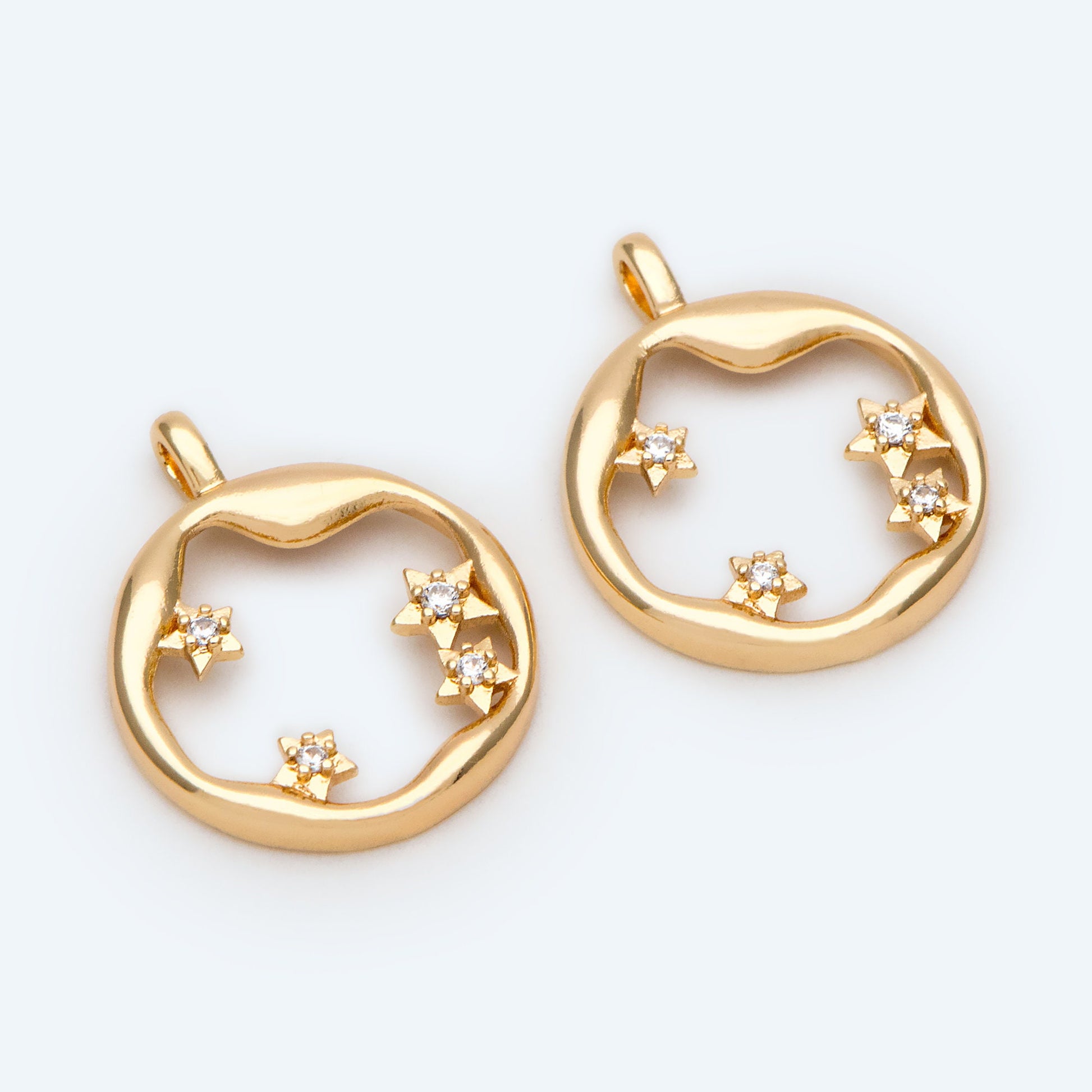 10pcs CZ pave Gold Irregular Circle and Star Pendants, 18K Gold plated Brass, Rhinestone Round Hoop Circle Charms (GB-2482)