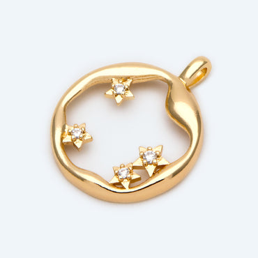 10pcs CZ pave Gold Irregular Circle and Star Pendants, 18K Gold plated Brass, Rhinestone Round Hoop Circle Charms (GB-2482)