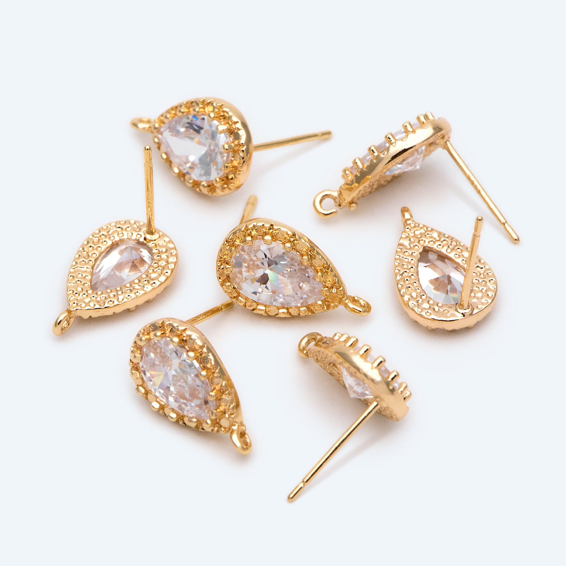 10pcs Gold/ Silver tone Teardrop Stud Earrings with Loop, CZ Pave Ear Posts 15x9mm, Gold/ Rhodium plated Brass Earring Findings (#GB-962)