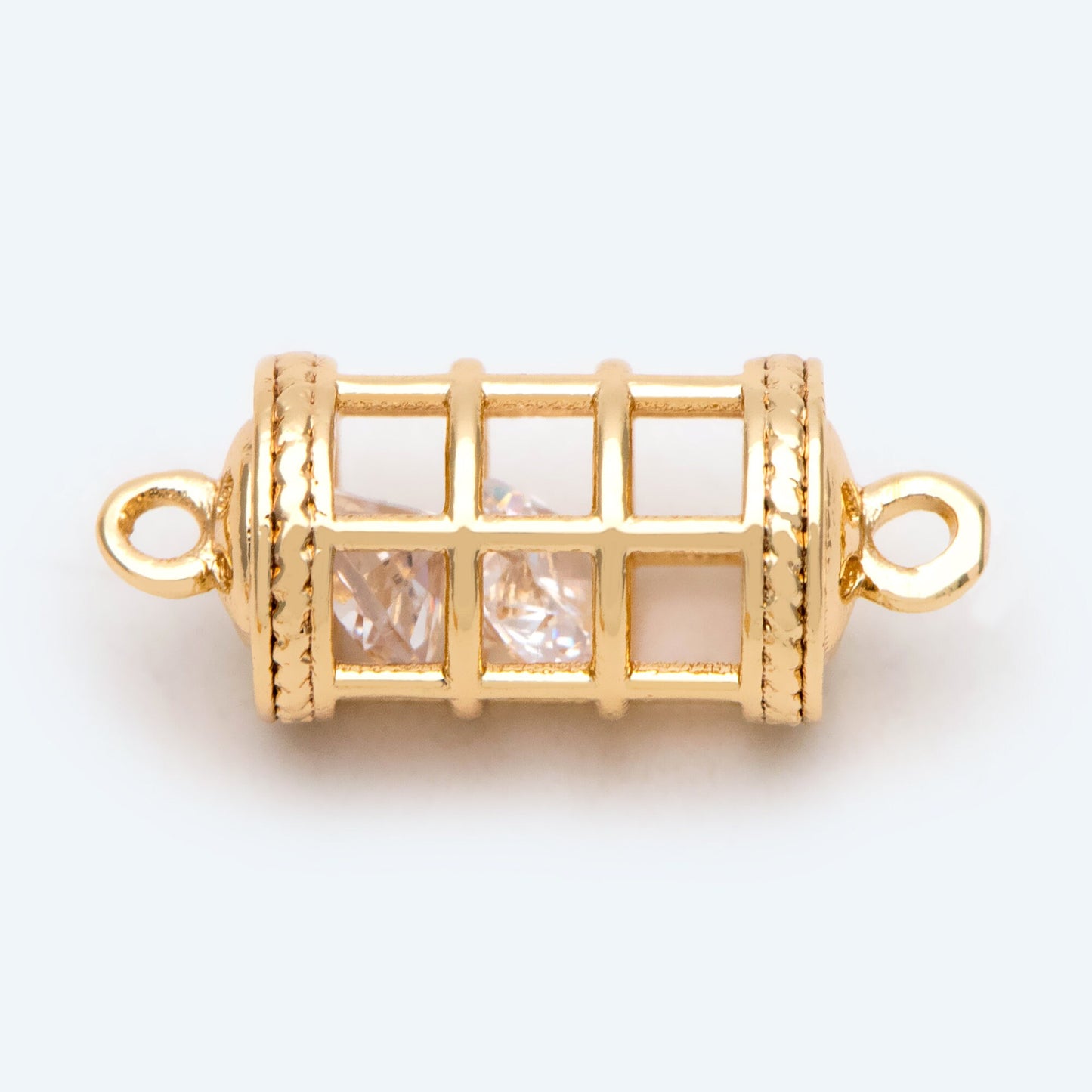 4pcs Gold Birdcage Charms with CZ Diamond Inside, 18K Gold plated Brass, 3D Cage Pendants 16x7mm (GB-2380)