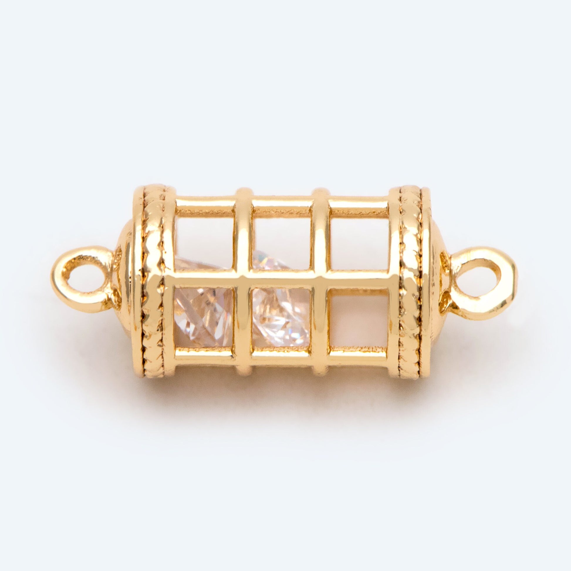 4pcs Gold Birdcage Charms with CZ Diamond Inside, 18K Gold plated Brass, 3D Cage Pendants 16x7mm (GB-2380)