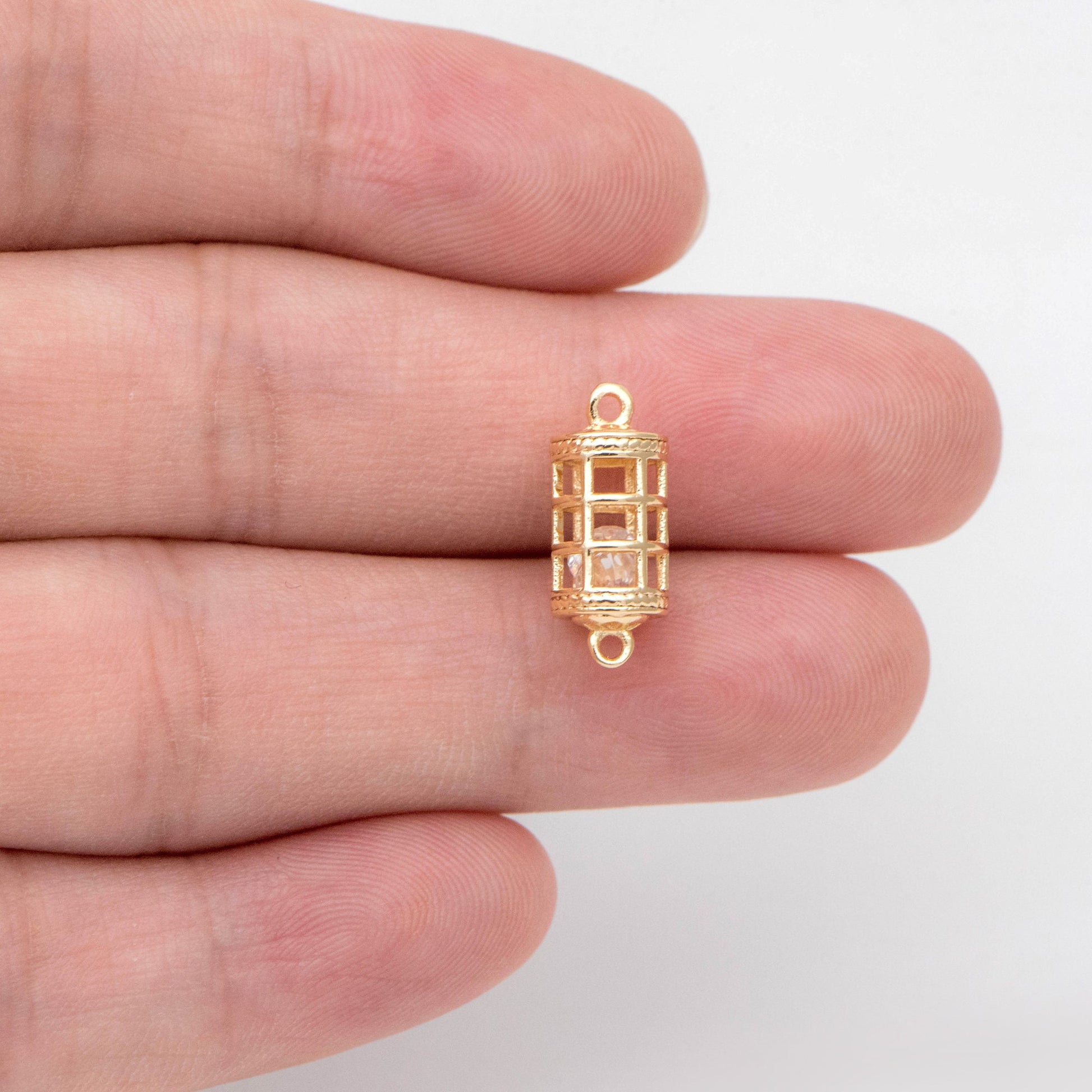 4pcs Gold Birdcage Charms with CZ Diamond Inside, 18K Gold plated Brass, 3D Cage Pendants 16x7mm (GB-2380)