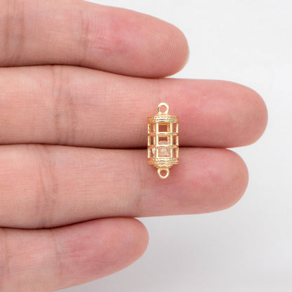 4pcs Gold Birdcage Charms with CZ Diamond Inside, 18K Gold plated Brass, 3D Cage Pendants 16x7mm (GB-2380)