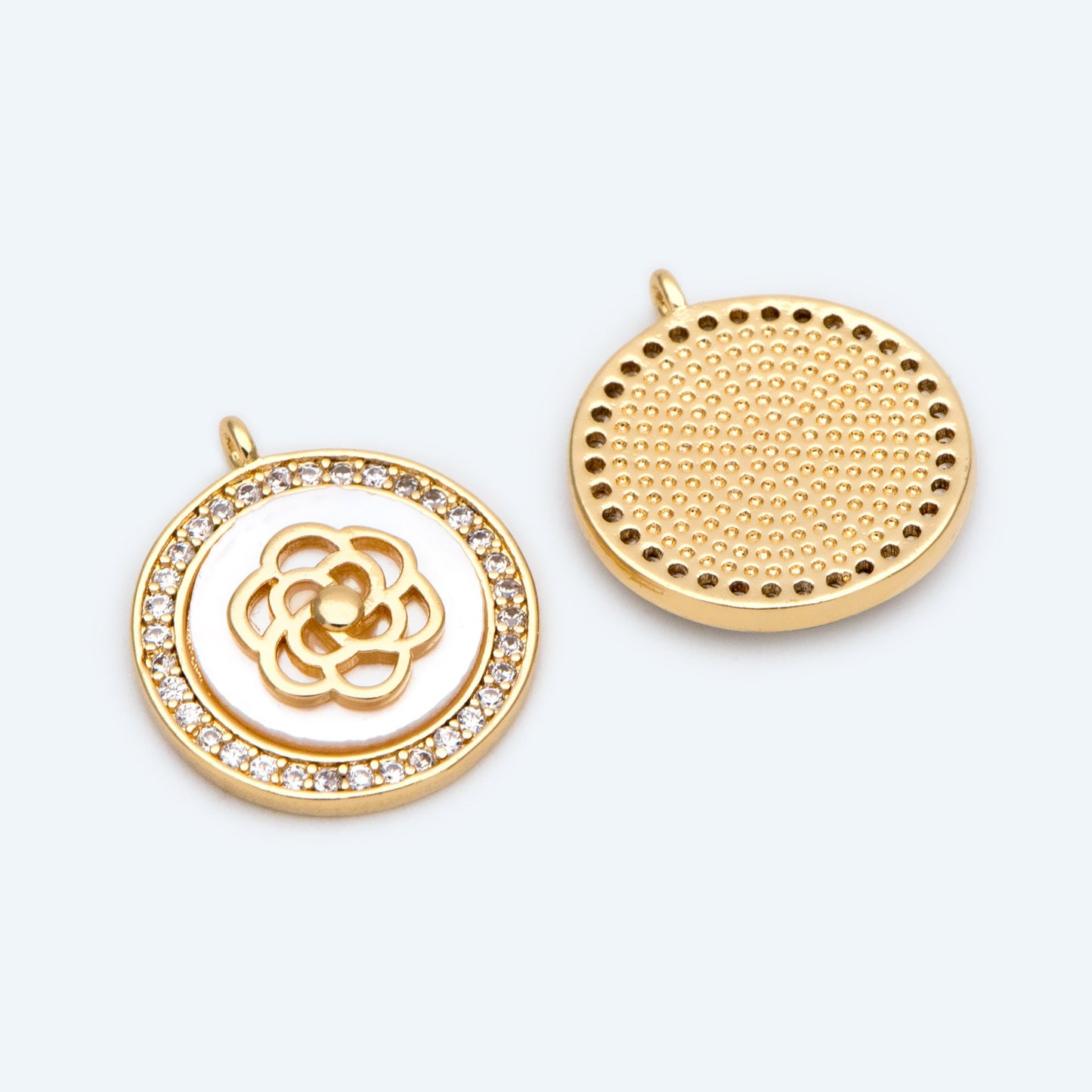 4pcs CZ Pave Gold Flower Disc Charm, Shell Disc Coin Pendants(GB-3579-D)