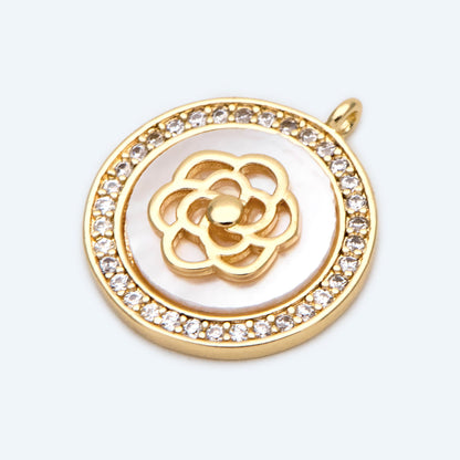 4pcs CZ Pave Gold Flower Disc Charm, Shell Disc Coin Pendants(GB-3579-D)