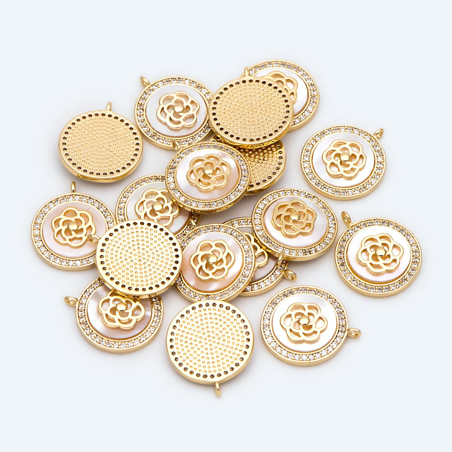 4pcs CZ Pave Gold Flower Disc Charm, Shell Disc Coin Pendants(GB-3579-D)