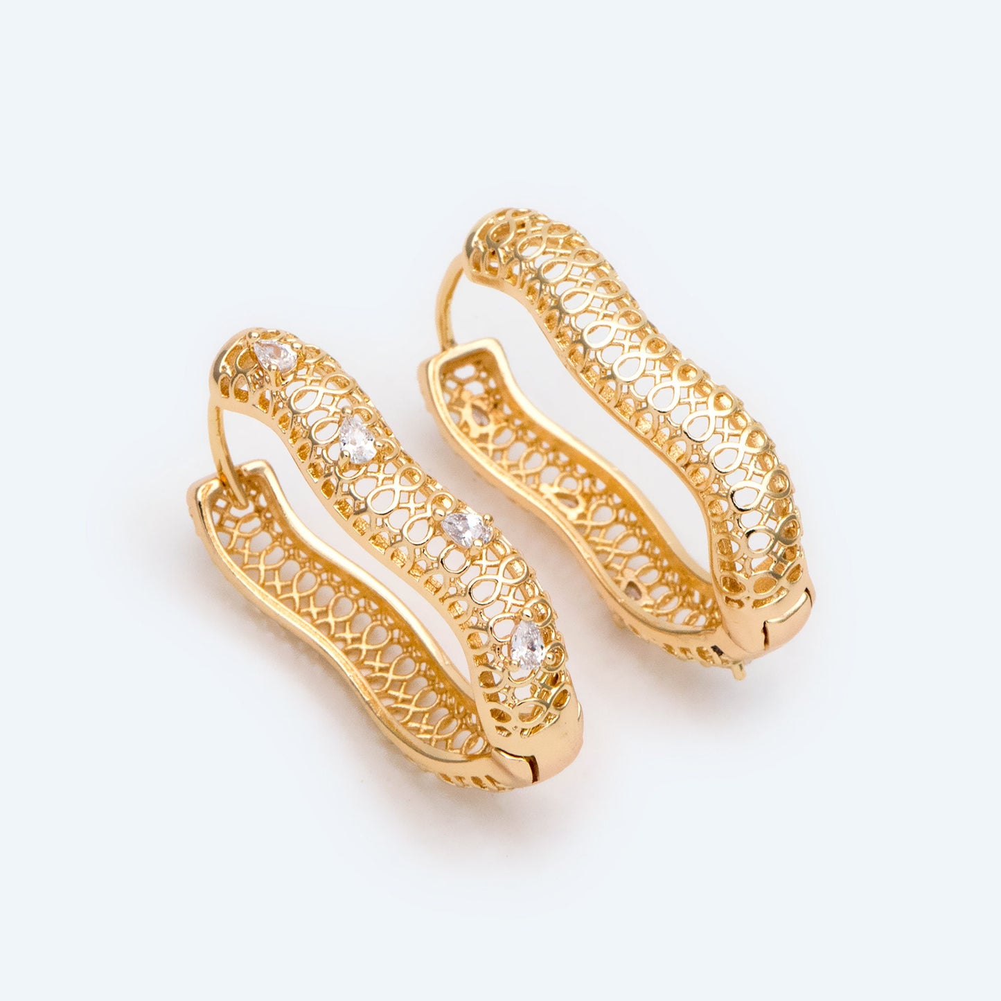4pcs CZ Pave Gold Filigree Hoop Earrings, Hollow Earrings (GB-2440)