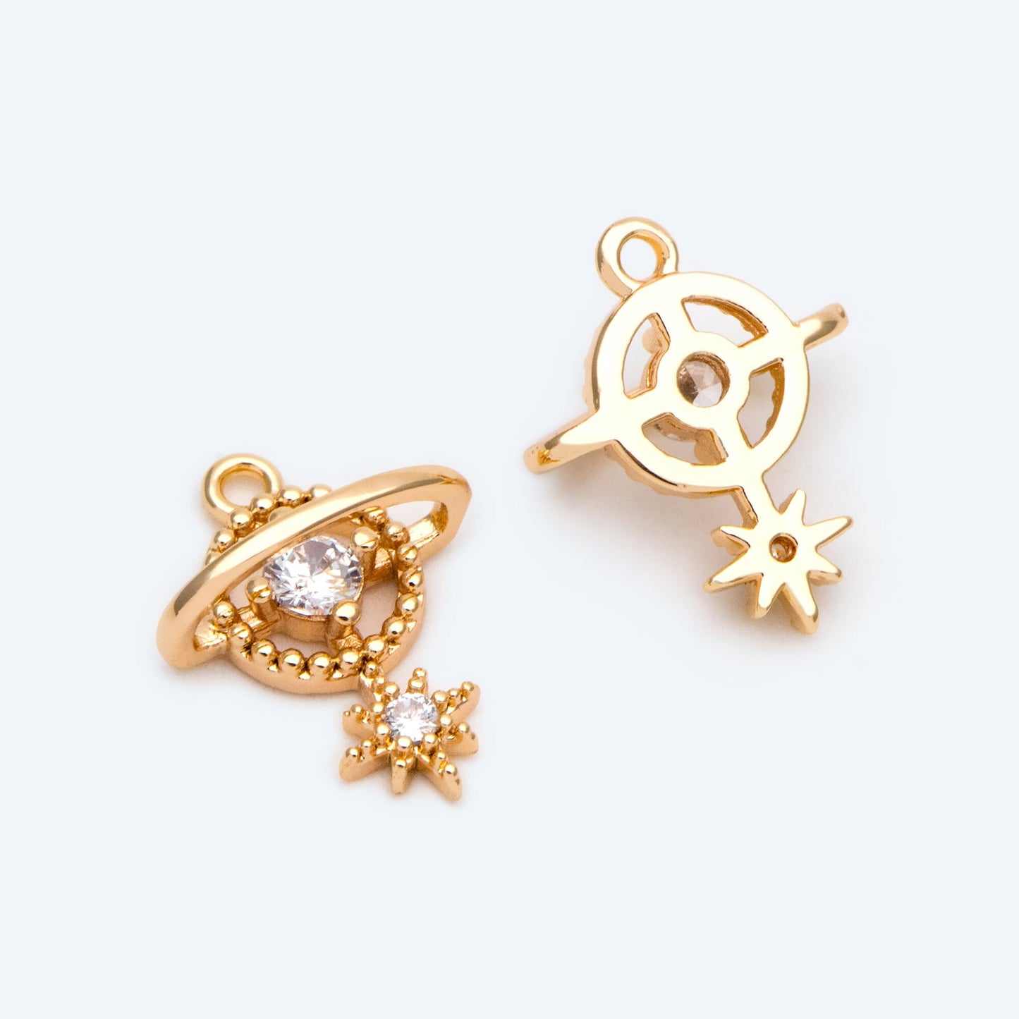 4pcs CZ Pave Gold Planet Charm, Tiny Saturn Charm 14x11mm, 18K Gold plated Brass, Saturn Pendants (GB-1173-C)