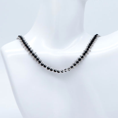 Rhodium plated Brass Beaded Chain 7mm, Silver tone Designer Chain, with Black Crystal Glass Rondelle Beads (#LK-484)/ 1 Meter=3.3ft
