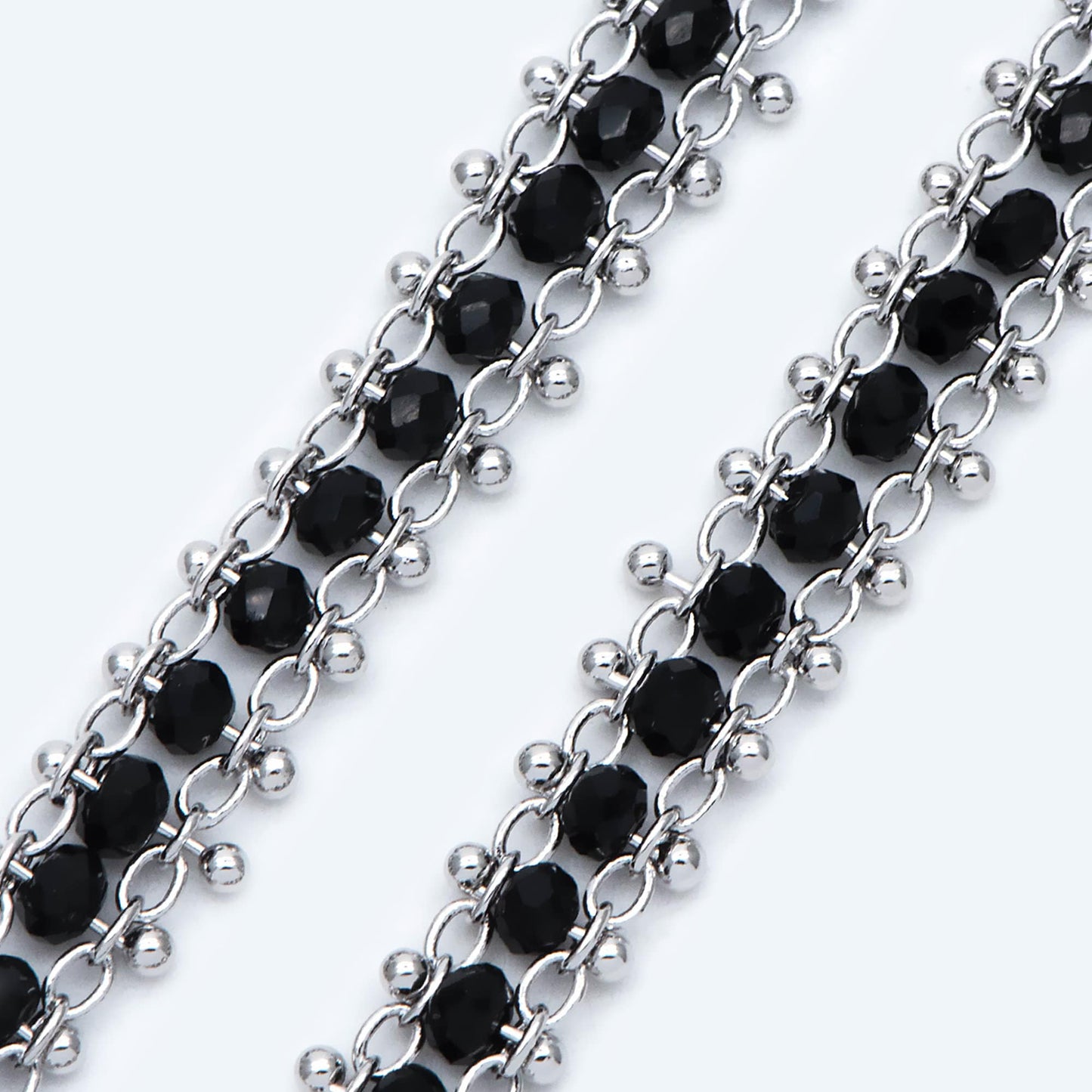 Rhodium plated Brass Beaded Chain 7mm, Silver tone Designer Chain, with Black Crystal Glass Rondelle Beads (#LK-484)/ 1 Meter=3.3ft
