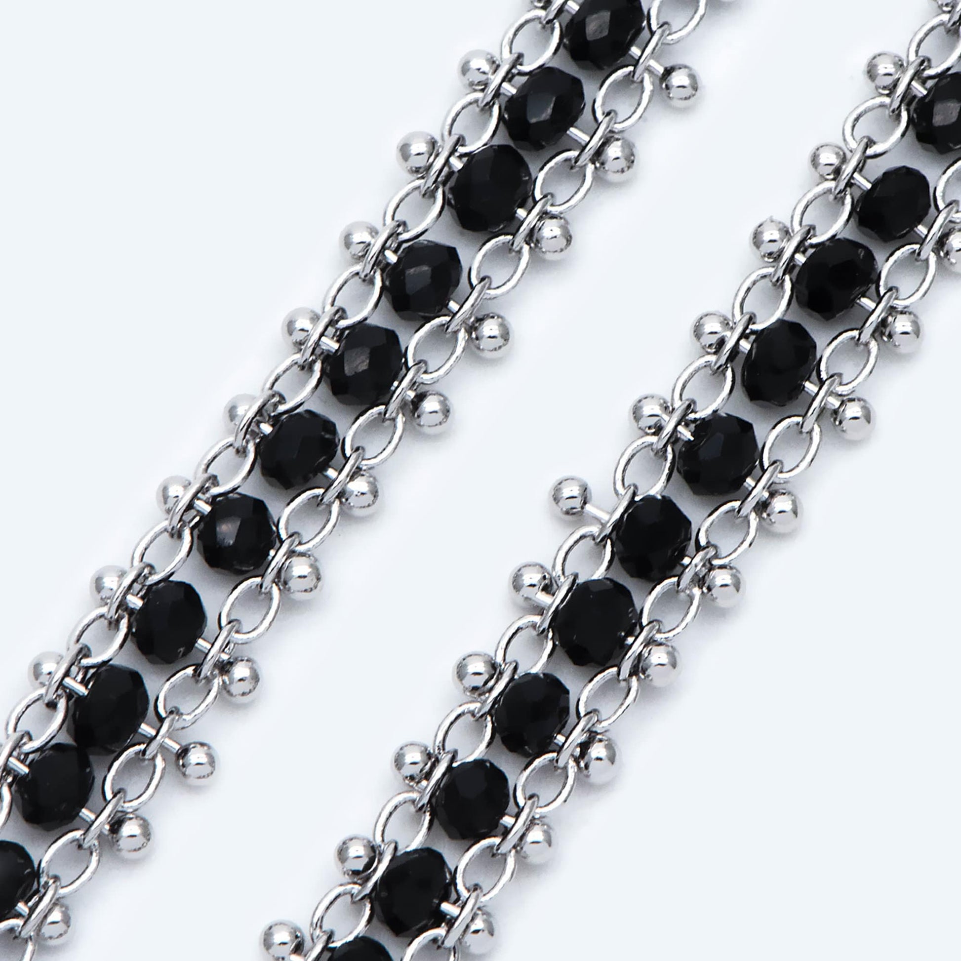 Rhodium plated Brass Beaded Chain 7mm, Silver tone Designer Chain, with Black Crystal Glass Rondelle Beads (#LK-484)/ 1 Meter=3.3ft