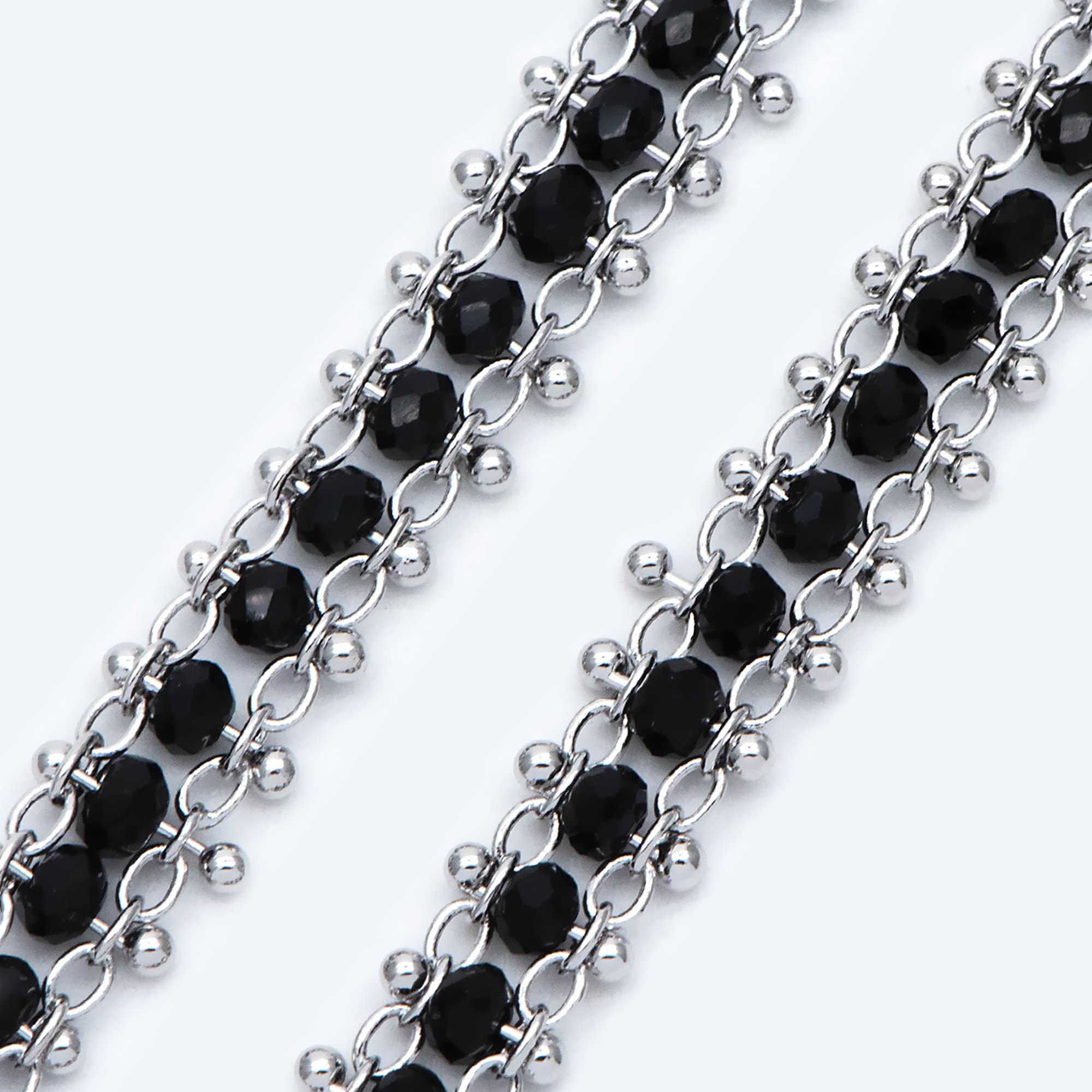 Rhodium plated Brass Beaded Chain 7mm, Silver tone Designer Chain, with Black Crystal Glass Rondelle Beads (#LK-484)/ 1 Meter=3.3ft