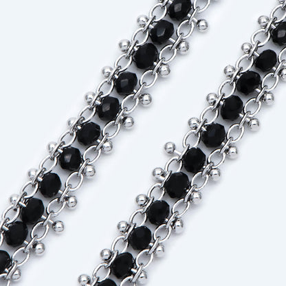 Rhodium plated Brass Beaded Chain 7mm, Silver tone Designer Chain, with Black Crystal Glass Rondelle Beads (#LK-484)/ 1 Meter=3.3ft