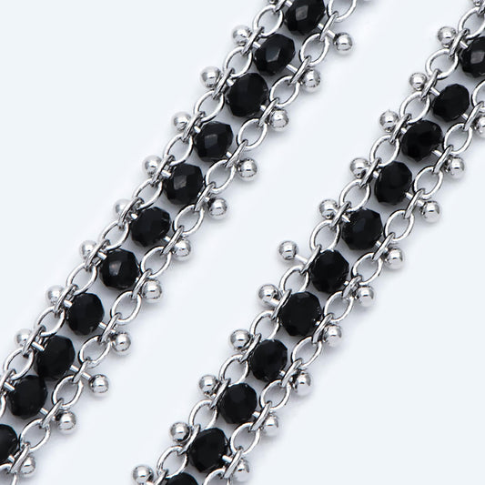 Rhodium plated Brass Beaded Chain 7mm, Silver tone Designer Chain, with Black Crystal Glass Rondelle Beads (#LK-484)/ 1 Meter=3.3ft