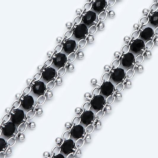 Rhodium plated Brass Beaded Chain 7mm, Silver tone Designer Chain, with Black Crystal Glass Rondelle Beads (#LK-484)/ 1 Meter=3.3ft