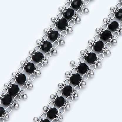 Rhodium plated Brass Beaded Chain 7mm, Silver tone Designer Chain, with Black Crystal Glass Rondelle Beads (#LK-484)/ 1 Meter=3.3ft