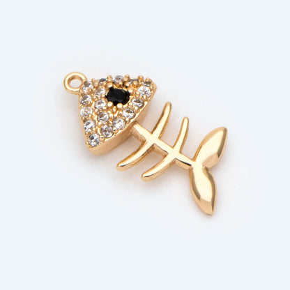 4pcs CZ Pave Gold Fishbone Charm, CZ Fishbone Pendant, Skeleton Pendant (GB-2936-A)