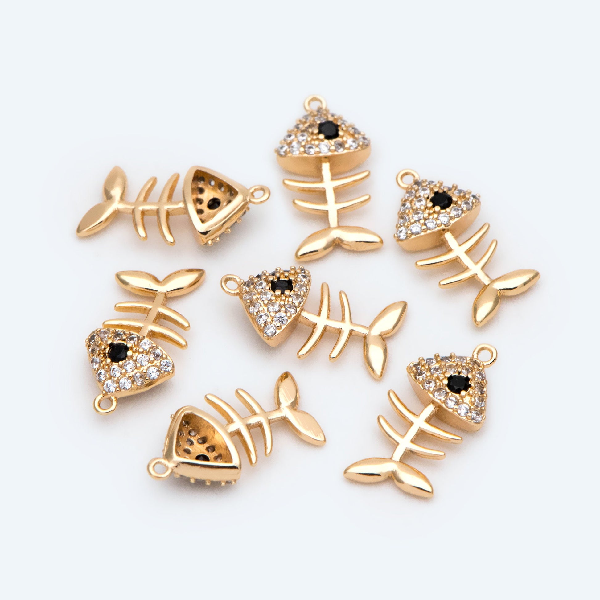 4pcs CZ Pave Gold Fishbone Charm, CZ Fishbone Pendant, Skeleton Pendant (GB-2936-A)