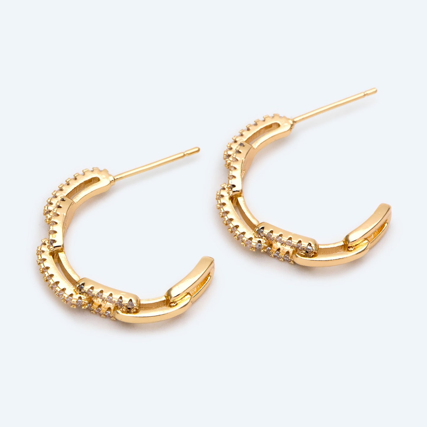 4pcs CZ Pave Gold Chain Earring, Curb Chain Earring, Geometric Hoop Stud Earring (GB-2426)