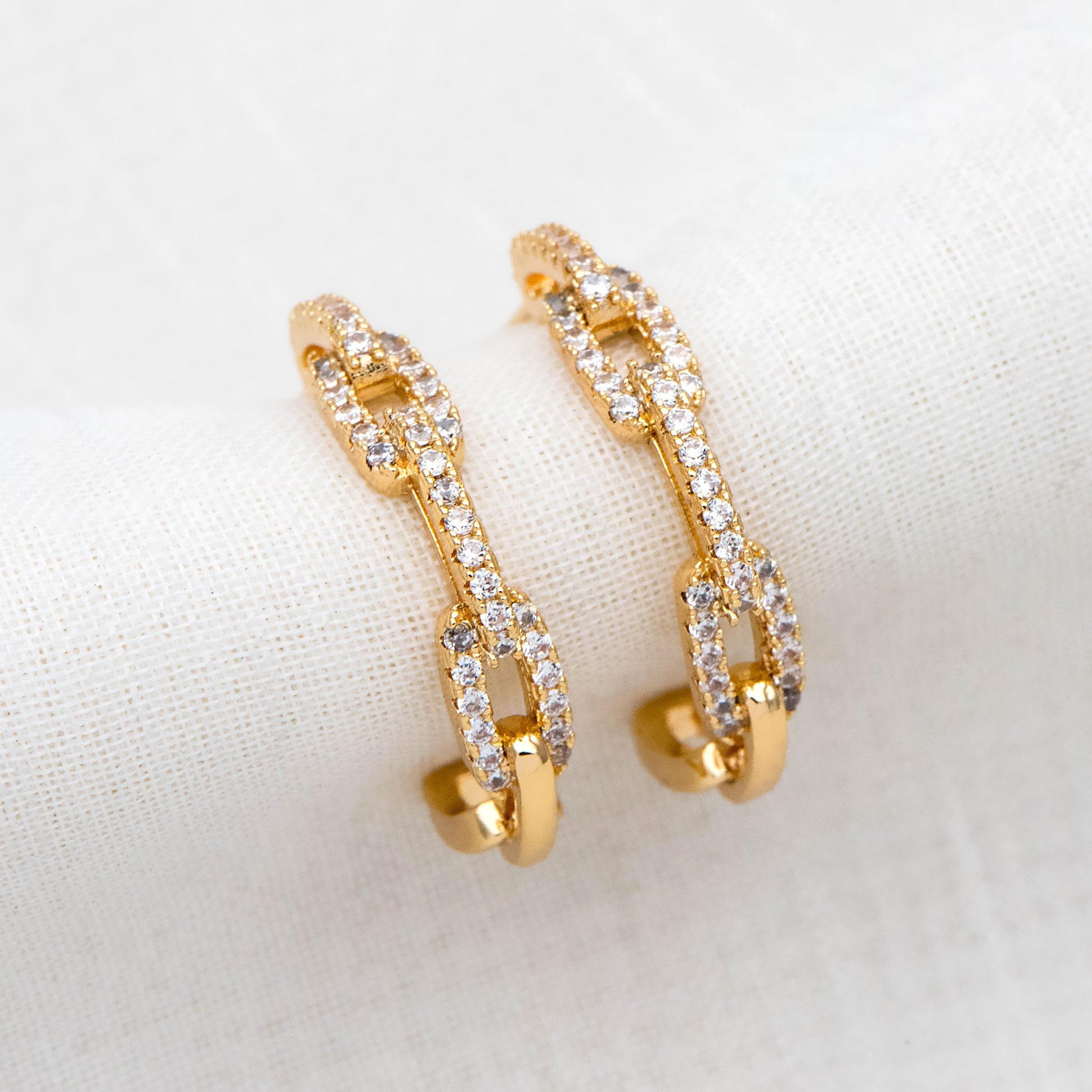 4pcs CZ Pave Gold Chain Earring, Curb Chain Earring, Geometric Hoop Stud Earring (GB-2426)