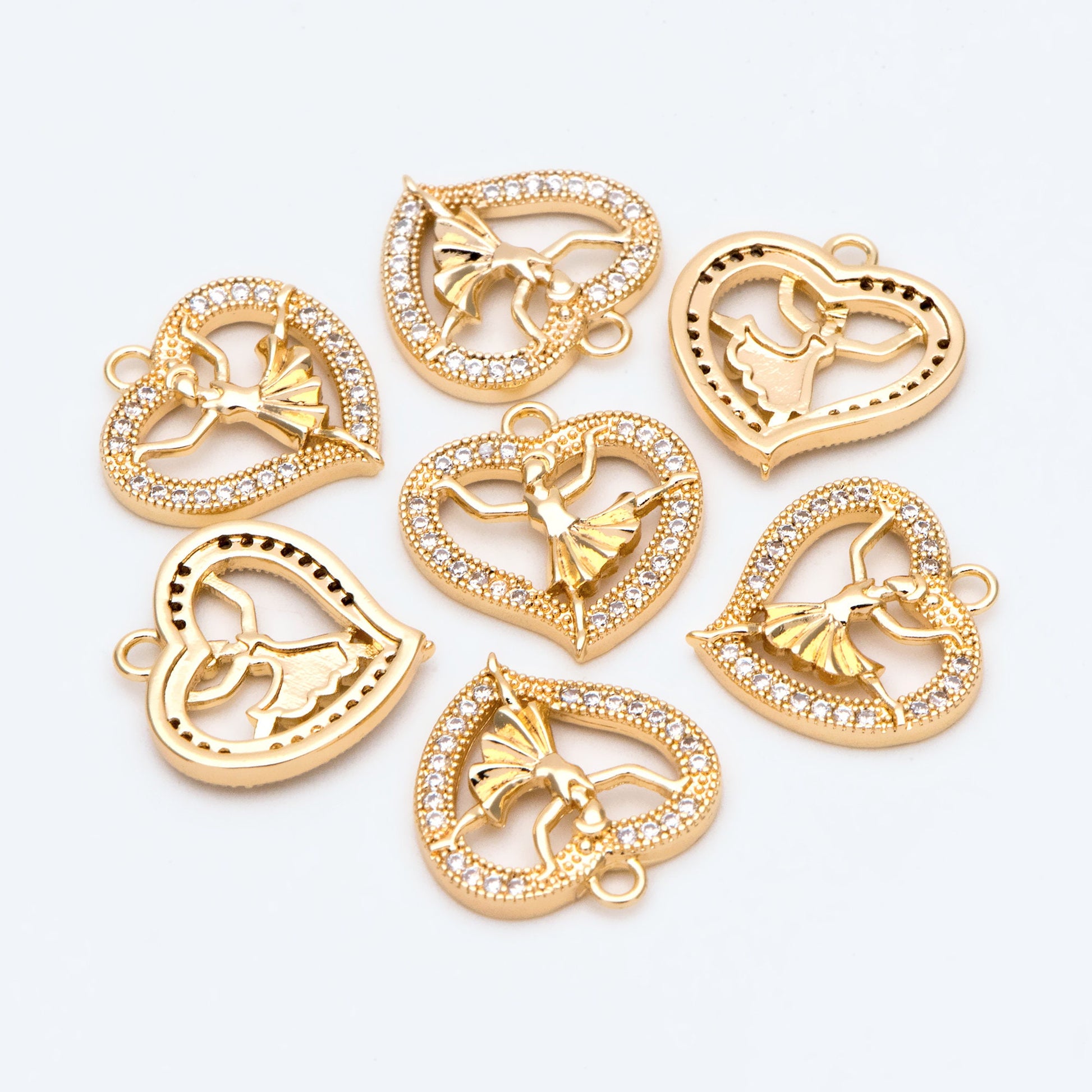 4pcs CZ pave Gold Dancer Heart Charm, Earring Findings, Jewelry Making, Diy Material, Jewelry Supplies (GB-1189-C)