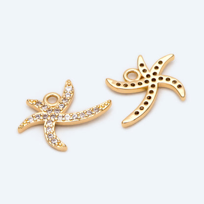 4pcs CZ Pave Gold Starfish Charms, Beach Style Starfish Pendants (GB-722-C)